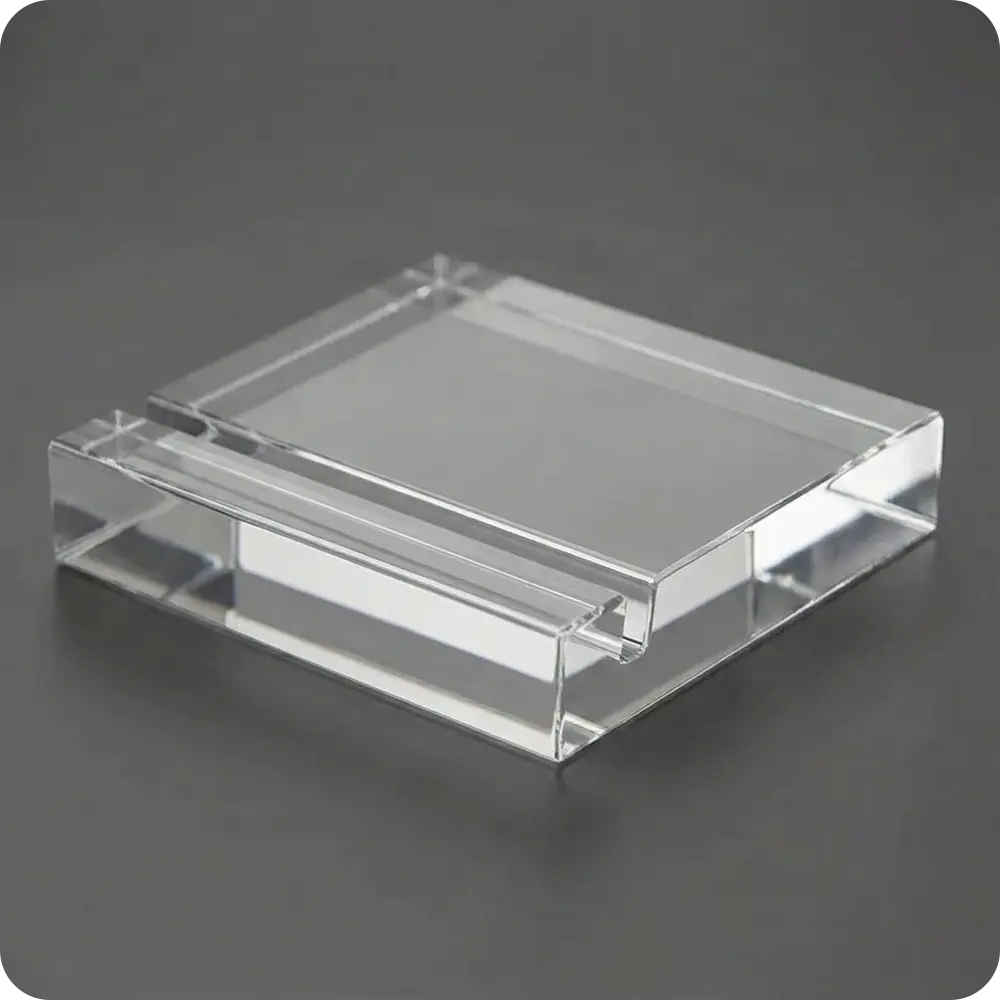 Průhledný akrylový stojánek na skleněnou desku s fotografií – Glass4you.cz